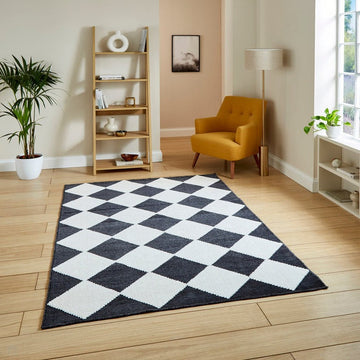 Washable Lyna J0529 Modern Harlequin Checkerboard Diamond Ribbed Soft-Touch Hi-Low Textured Polypropylene Mix Pile Charcoal/White Rug-Think Rugs-Rug Love - The Most Loved Rug Store